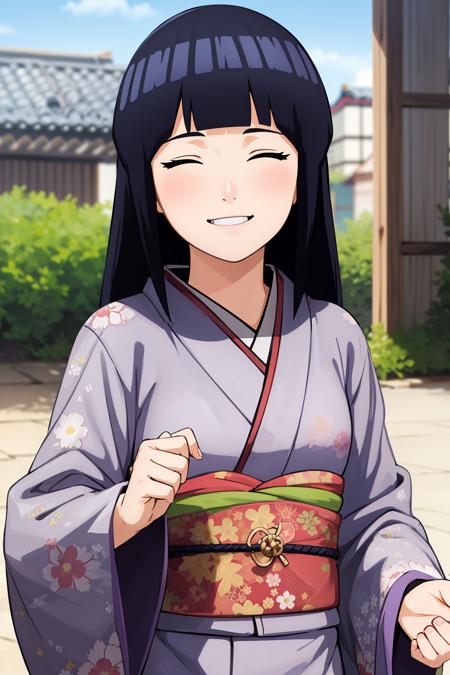 03875-134661309-masterpiece, absurdres, 1girl, hinata_(shippuden_), japanese clothes, kimono, floral print, looking at viewer, smile, closed eye.png